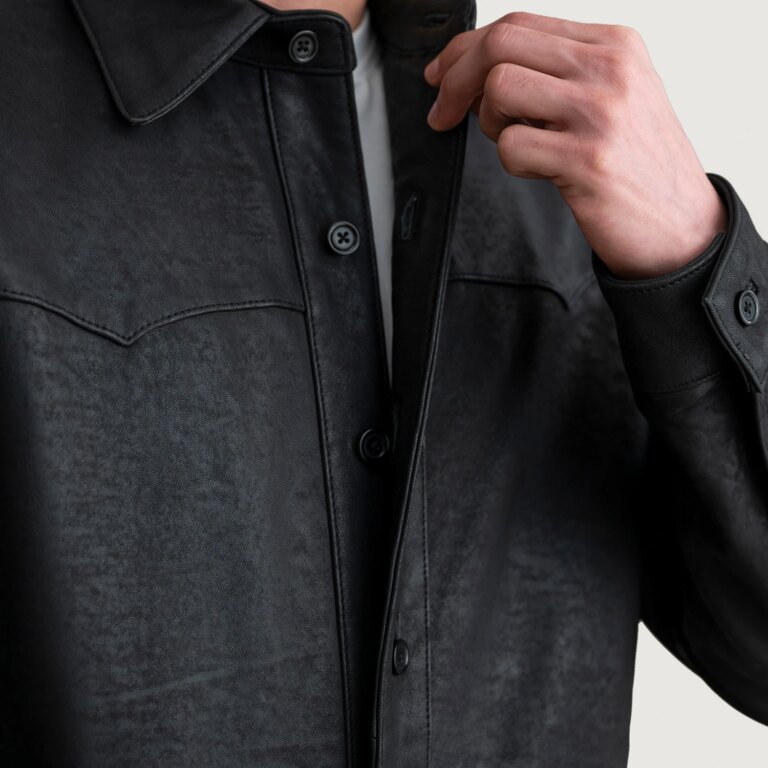 Mens Bronco Tumbled Black Leather Shirt Close-Up-9-1724069051056